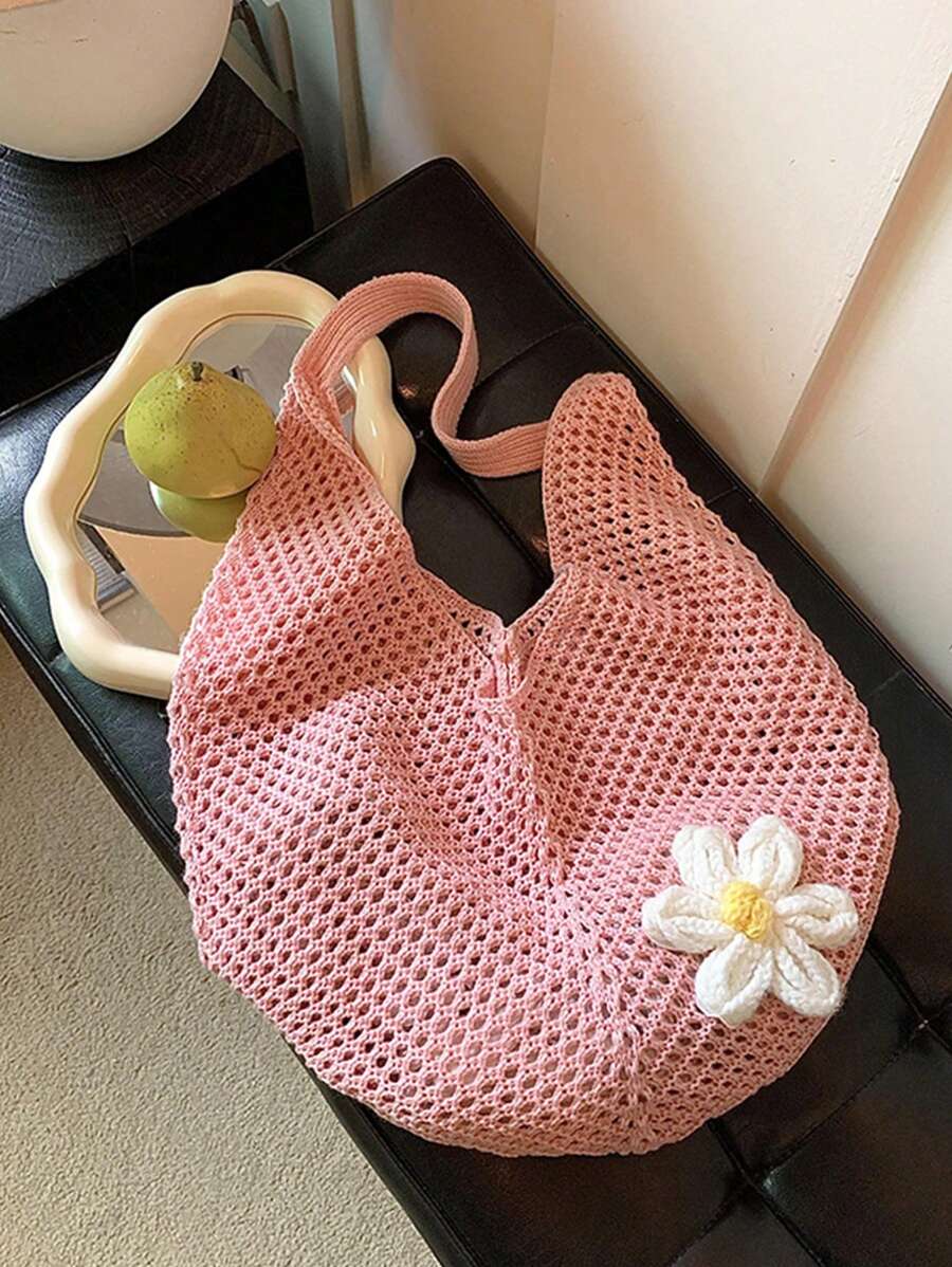 Hobo Bag Slouchy - Pink Crochet Hollow Out Tote Bag