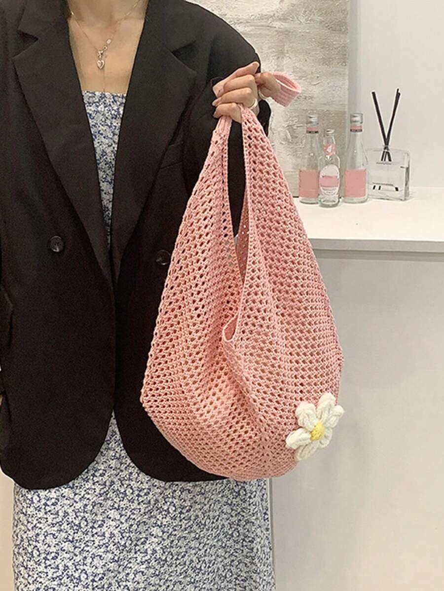 Pink Crochet Hollow Out Tote B - огляд і ціна Hobo Bag Slouchy