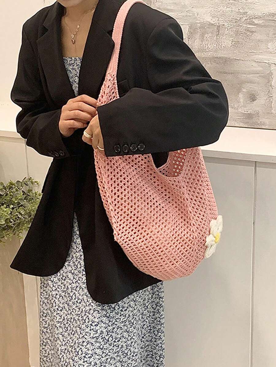 Pink Crochet Hollow Out Tote B - огляд і ціна Hobo Bag Slouchy