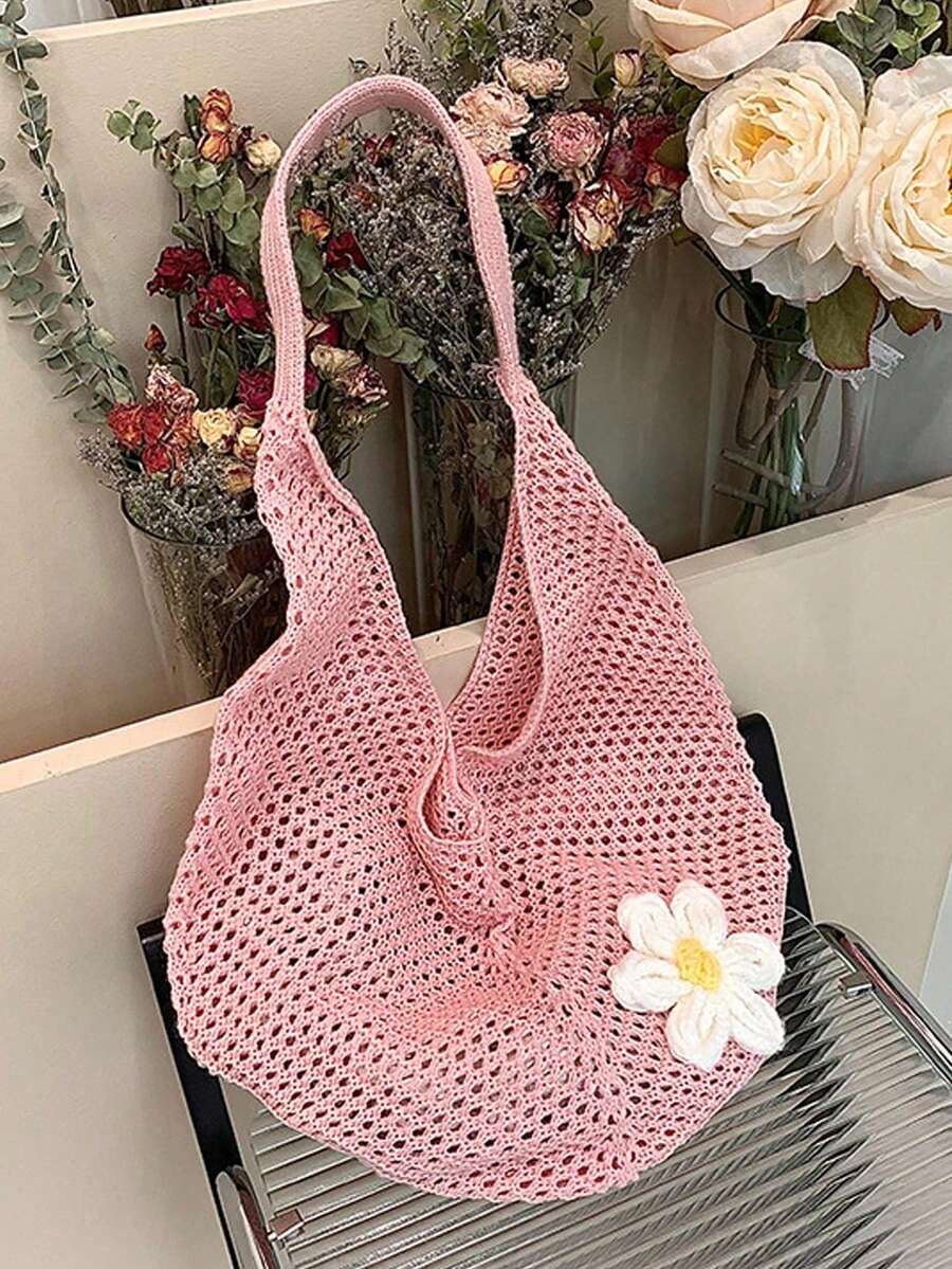 Pink Crochet Hollow Out Tote B - огляд і ціна Hobo Bag Slouchy
